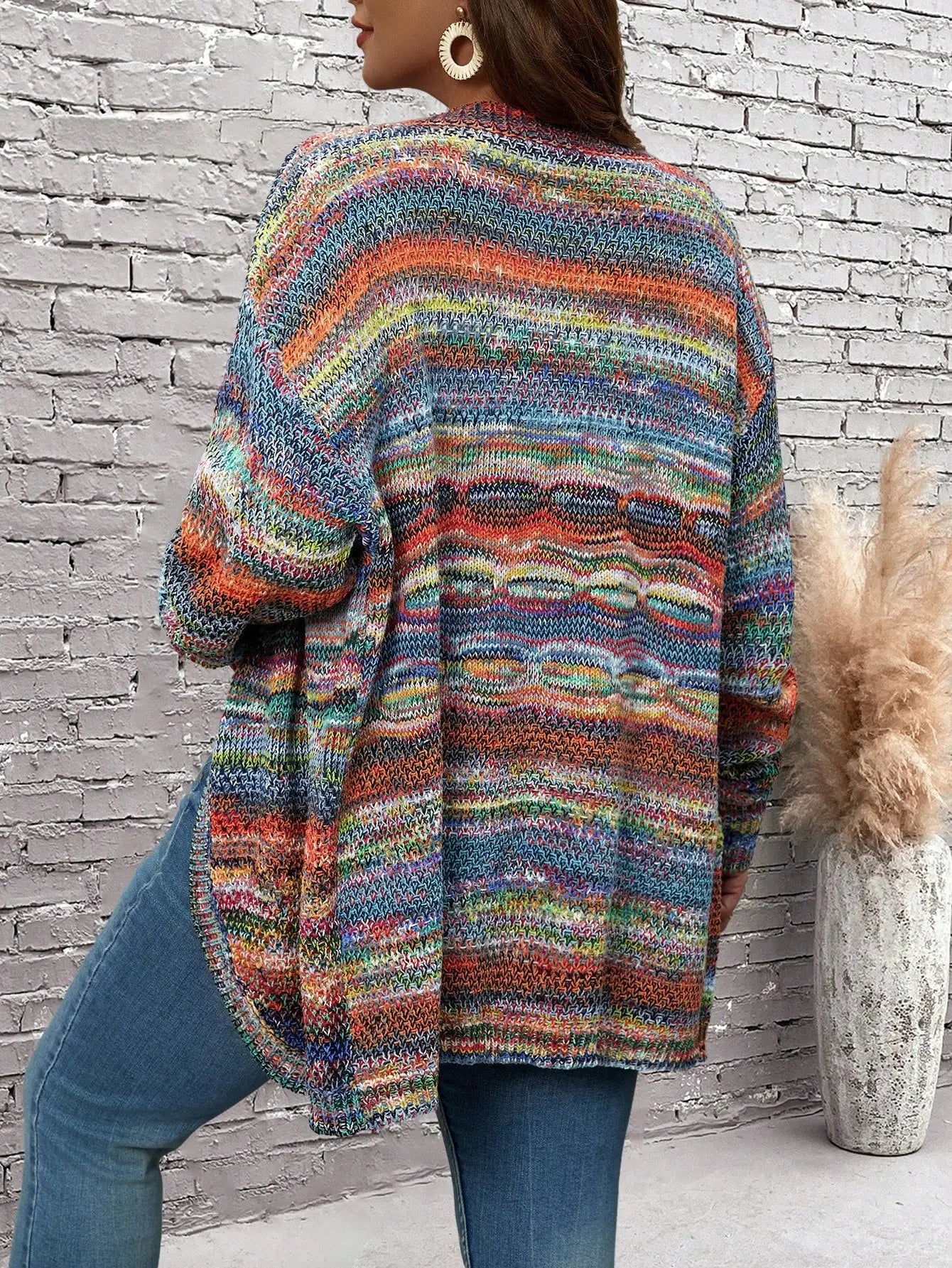 Plus Size Allover Print Casual Knitted Long Sleeve Cardigan, For Winter Fall