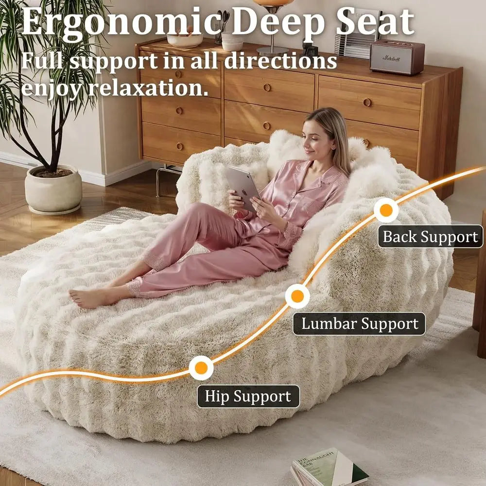 Oversized Round Chaise Lounge Chair with Ottoman Indoor Boneless Faux Fur Plush Fluffy Circle Couch Soft Comfy Cozy Cloud Readin