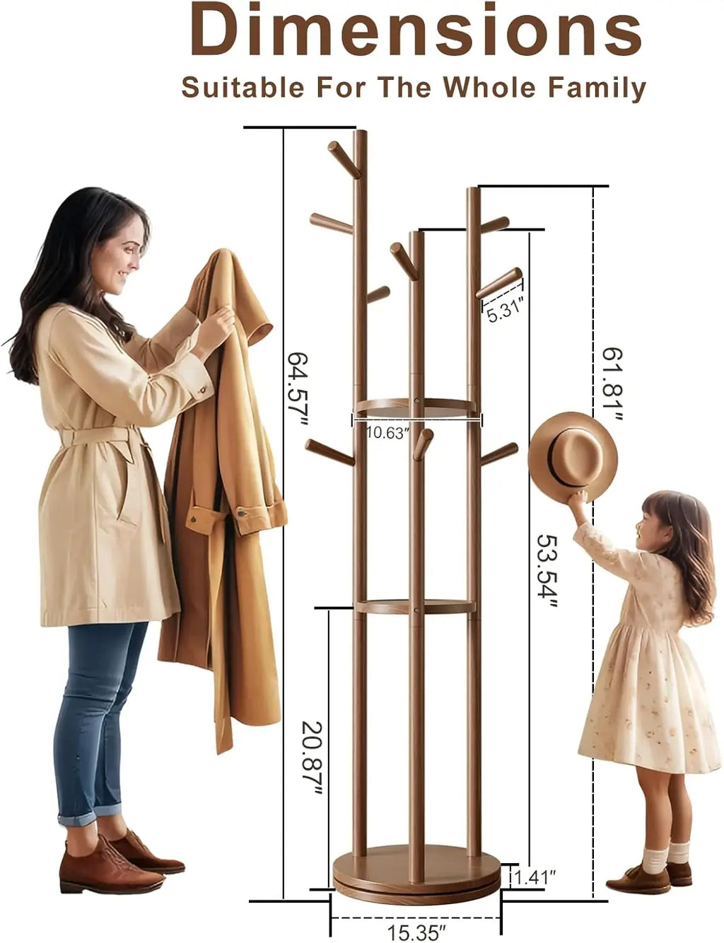 Solid Wood Rotary Coat Rack, Freestanding Coat Rack with 3 Shelves and 9 Hooks, Coat tree for Bedroom, Entryway, Livingroom