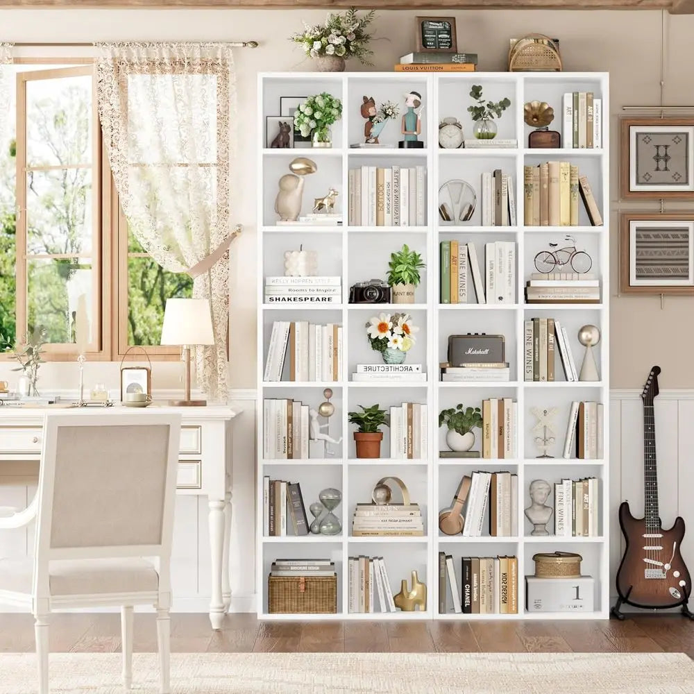 White 71-Inch Double Wide Media Tower Rack with Adjustable Shelves, CD/DVD Display Cabinet, Tall Narrow Bookcase for Home Office