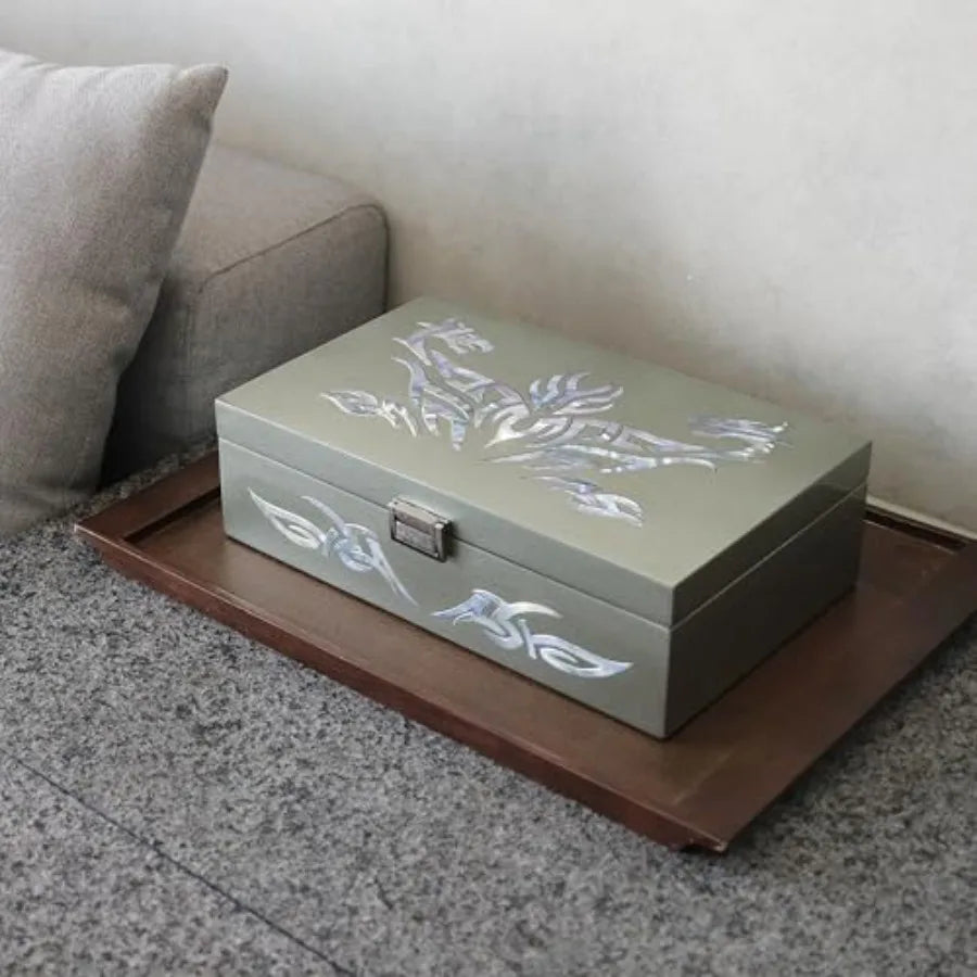 Watch Box Jewelry Organizer Daily Storage Handmade Tribal Dragon Design Metallic Silver