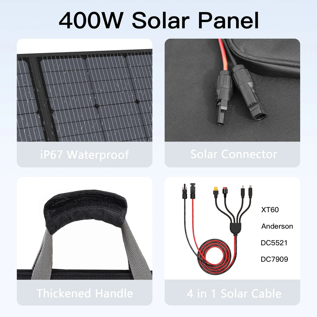 MHPOWOS 400W 220W 110W Lightweight Portable Solar Panel, Foldable Solar Panel for Outdoor Activities, IP67 Waterproof for RV
