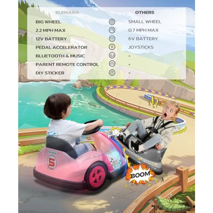 Toddler Bumper Car with Big Wheels 2.2 Mph Ride On Toys for Toddlers DIY Stickers 12V Electric Bumper Cars for Bluetoot