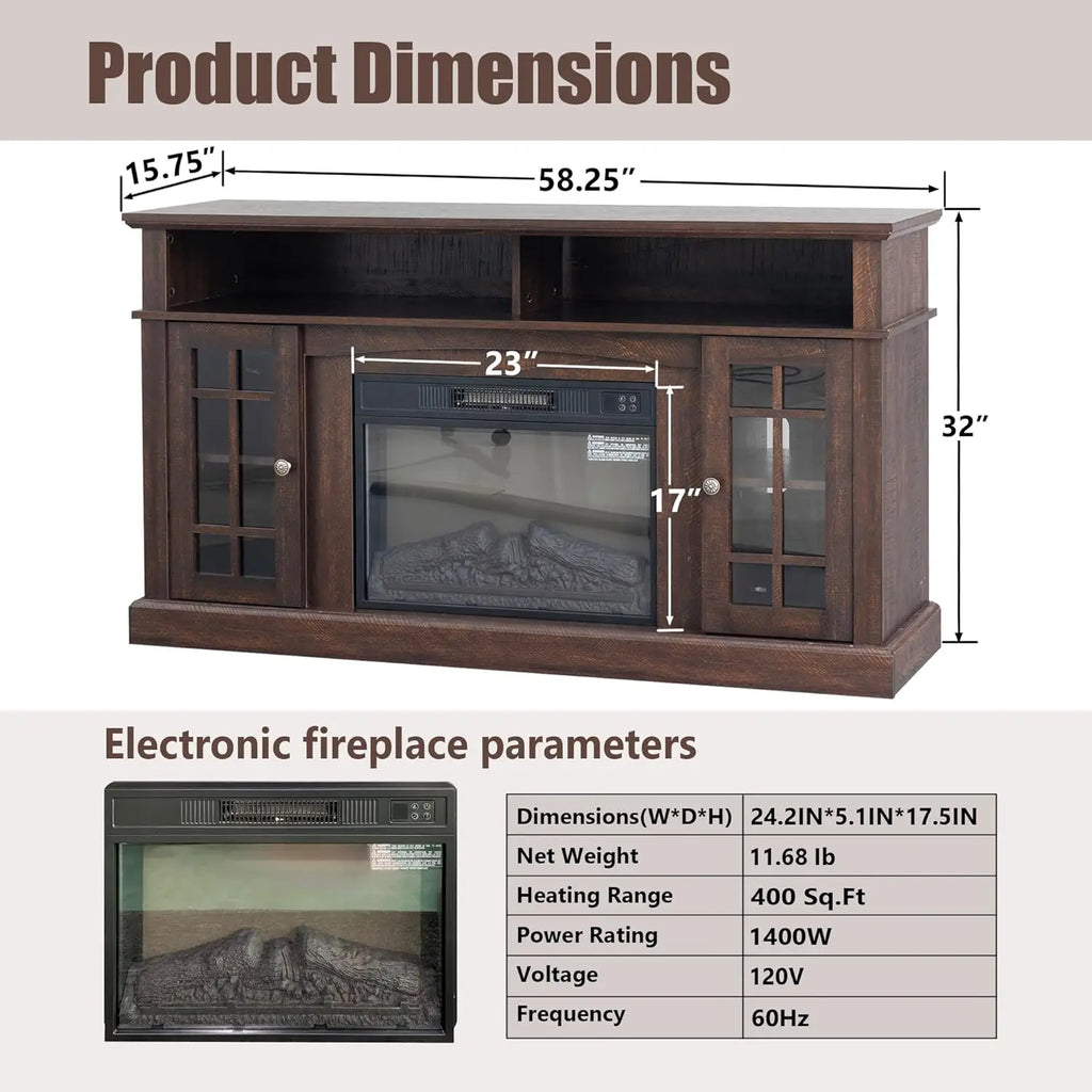 58" Farmhouse TV Stand with 23" Electric Fireplace Heater, Rustic Entertainment Center for TVs up to 65",, Customized