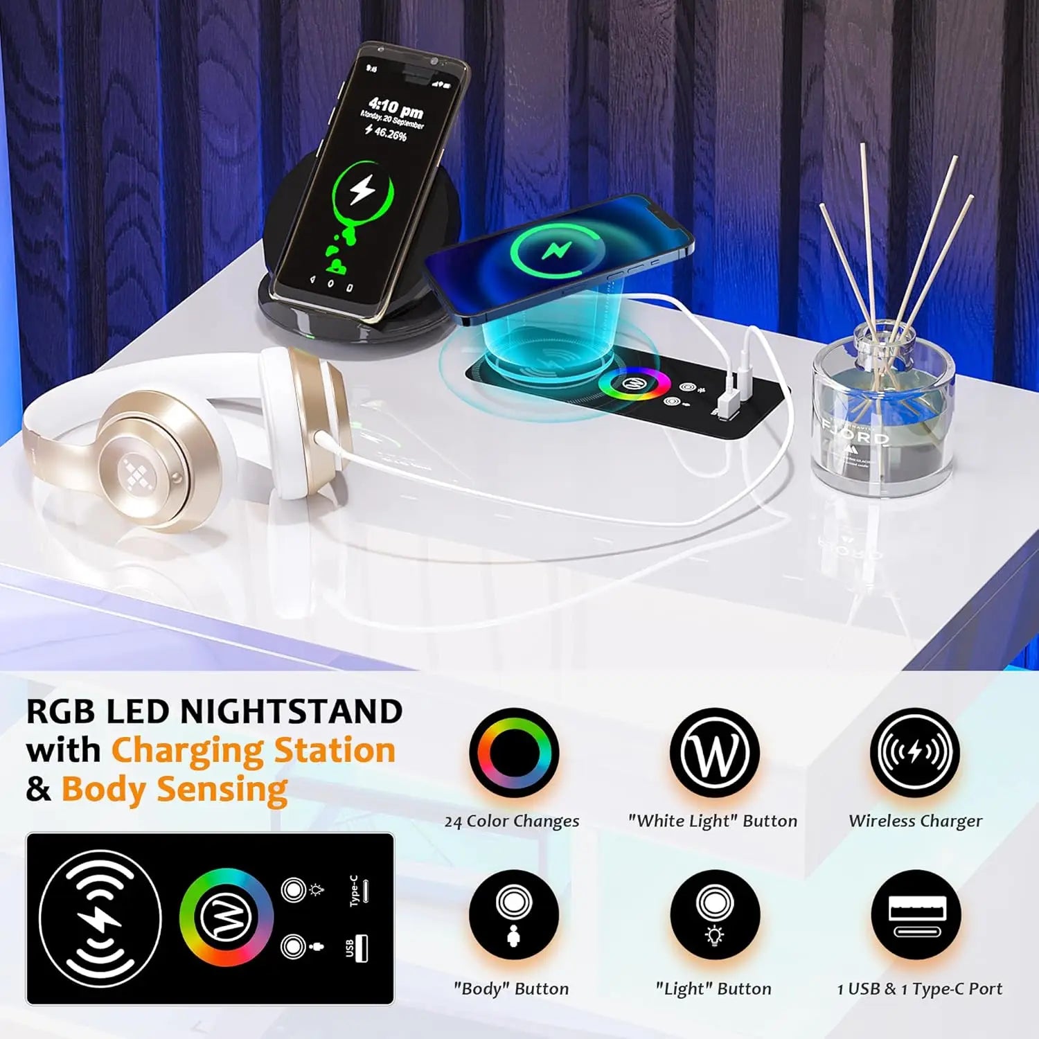 RGB LED Nightstand Set of 2 with Charging, Modern White Bedside Table with 2 Drawers
