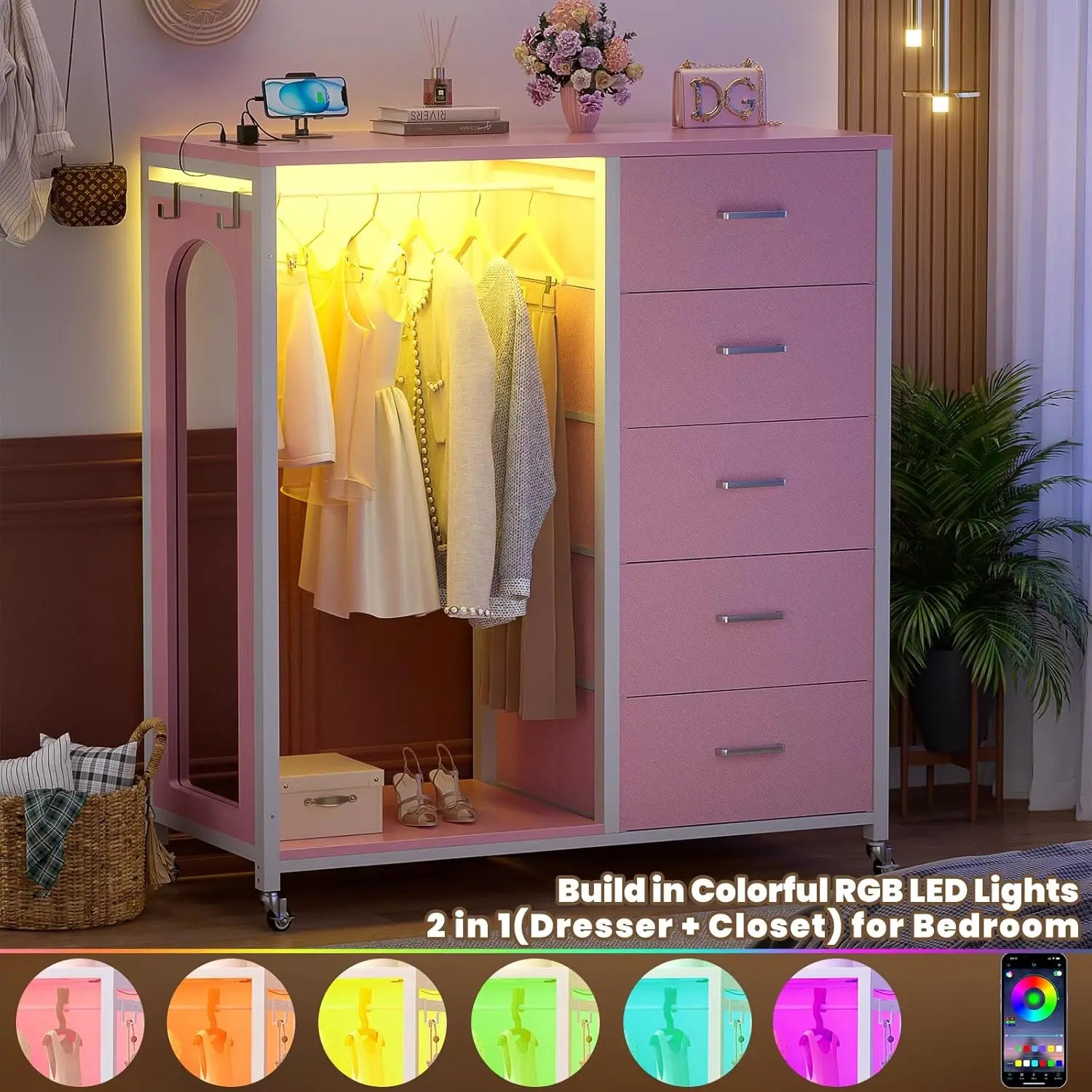 5-Drawer Dresser with Clothes Rack, Full-Length Mirror, Charging Station & LED Lights - Rolling Design with Wheels
