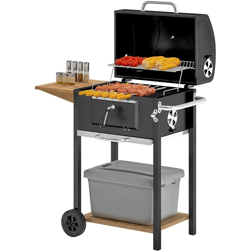 Charcoal BBQ Grill, Outdoor Portable Cooker for Camping or Backyard Picnic, Barbecue Grill with Side Table, Bottom Storage Shelf