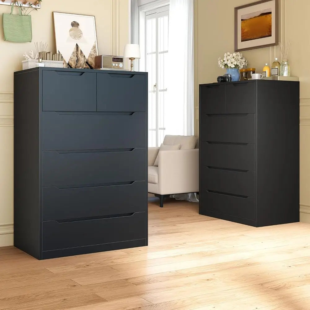 Contemporary Black Wooden 6-Drawer Dresser for Bedroom, Living Room, and Hallway, 43.2H x 27.6W x 15.6D