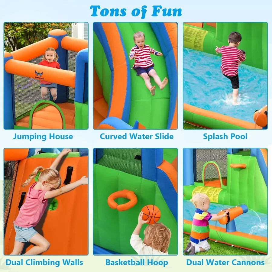 OLAKIDS Inflatable Water Slide 7 in 1 Bounce House Water Park with Slide Splash Pool Climbing Wall 2 Water Guns Basketball Rim