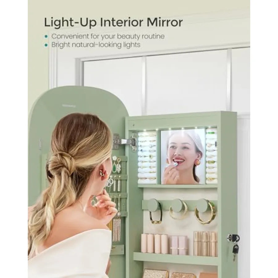 Jewelry Organizer LED Jewelry Cabinet Wall/Door Mounted Lockable Rounded Wide Mirror with Storage Interior Mirror 3.9 x 16.5 x