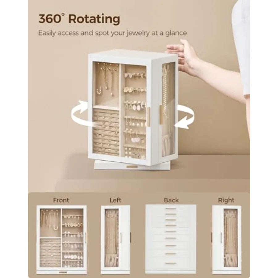 360° Rotating Jewelry Box with 9 Drawers Spacious Vertical Jewelry Organizer with Glass Window Jewelry Storage Case Dustproof a