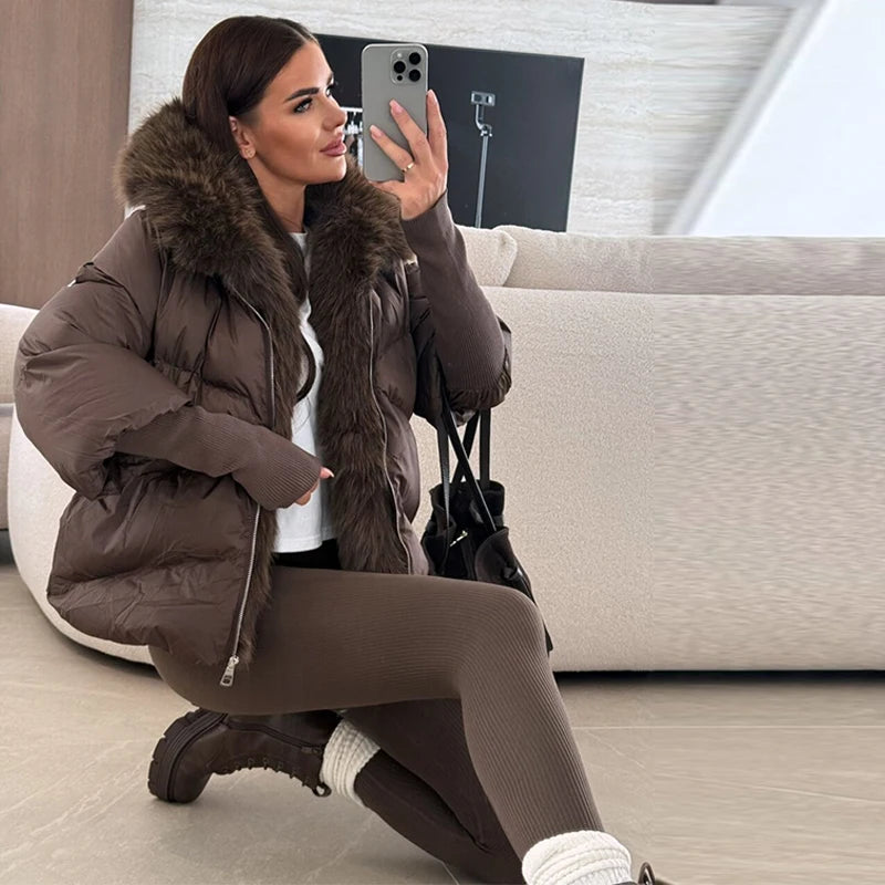 Women Faux Fur Patchwork Padded Jacket Warm Daily Hooded Zipper Cropped Coat Lady New Winter Elegant Fashion Street Outwear 2025