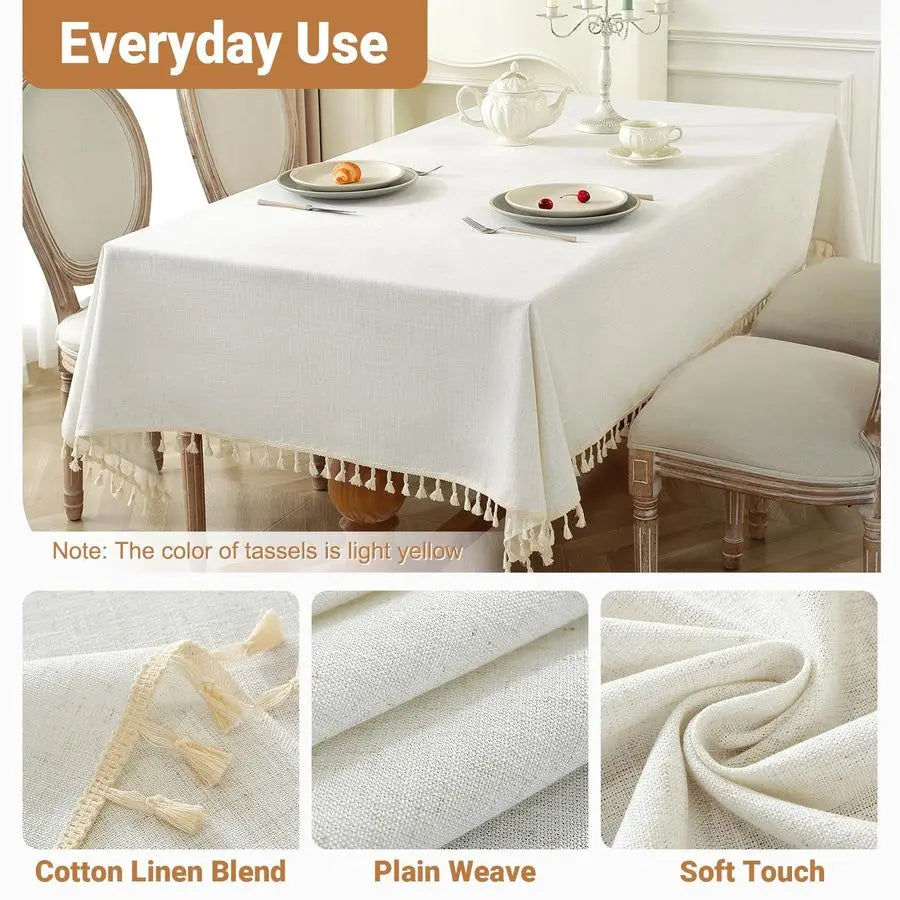 Textured Table Cloth for Rectangle Table, Heavy Duty Farmhouse Tablecloth Solid Cotton Linen Waterproof Wrinkle Free Burlap Tabl