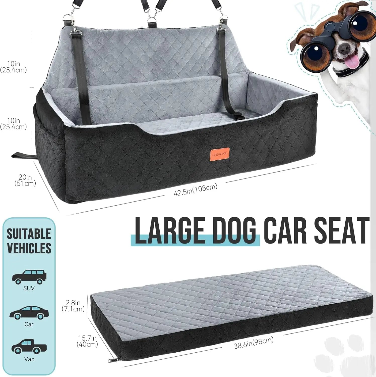 Large Dog Car Seat Under 100 lbs, Washable Pet Booster Seat with Storage Pocket & Seat Belt for Back Seat