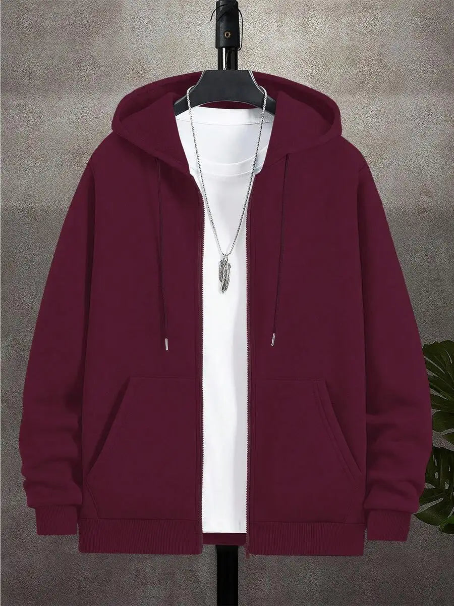 Men's Casual Zip-Up Hoodie with Drawstring, Long Sleeve, Autumn Outdoor Wear