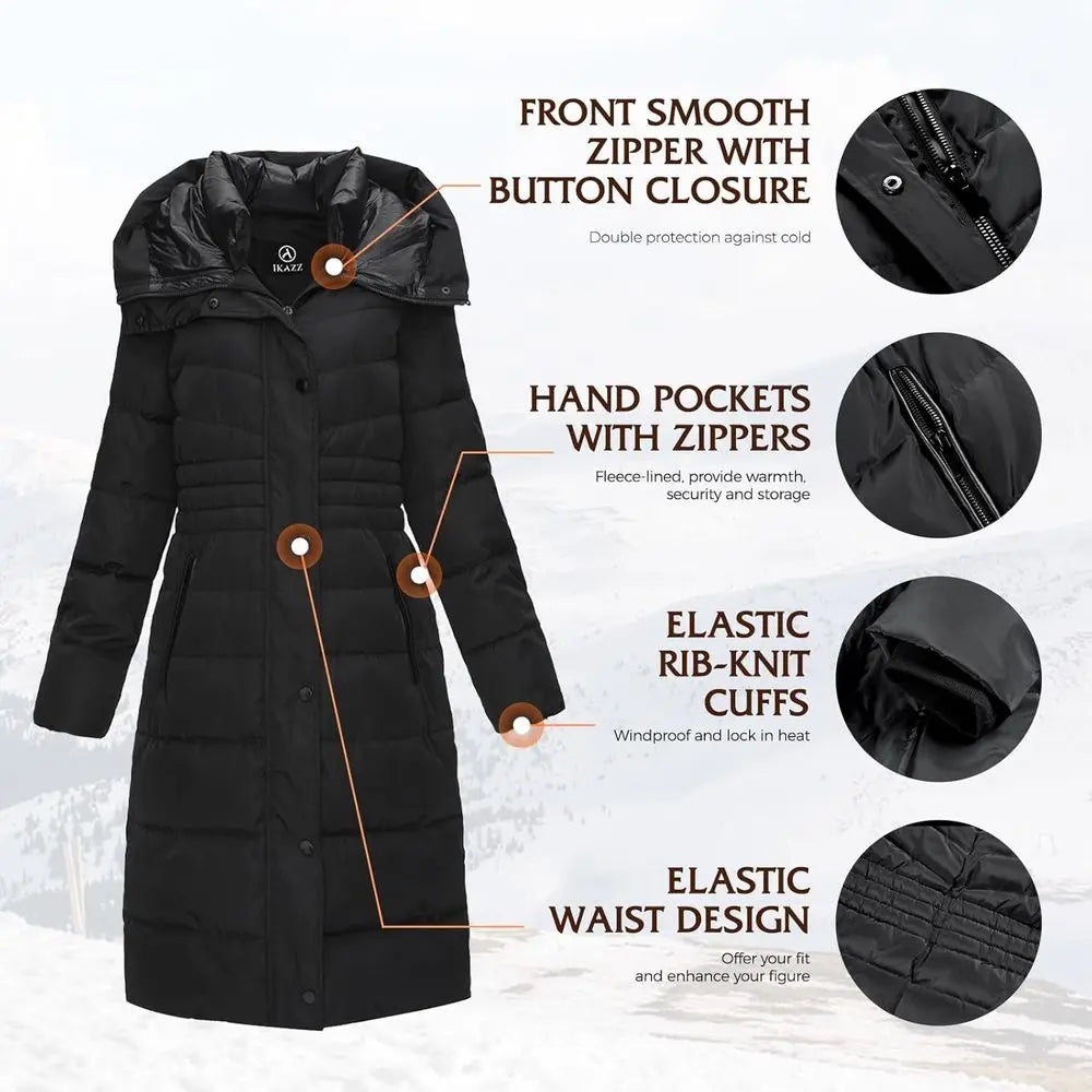 Women's Winter Coats, Thickened Warm Insulated Vegan Down Long Parka Jacket with Hood