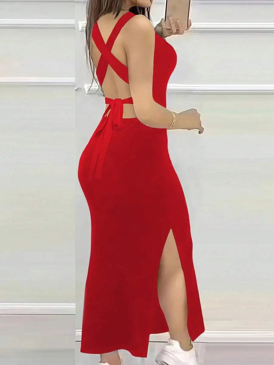 Sexy Backless Criss-Cross Strap Slit Midi Dress for Night Out