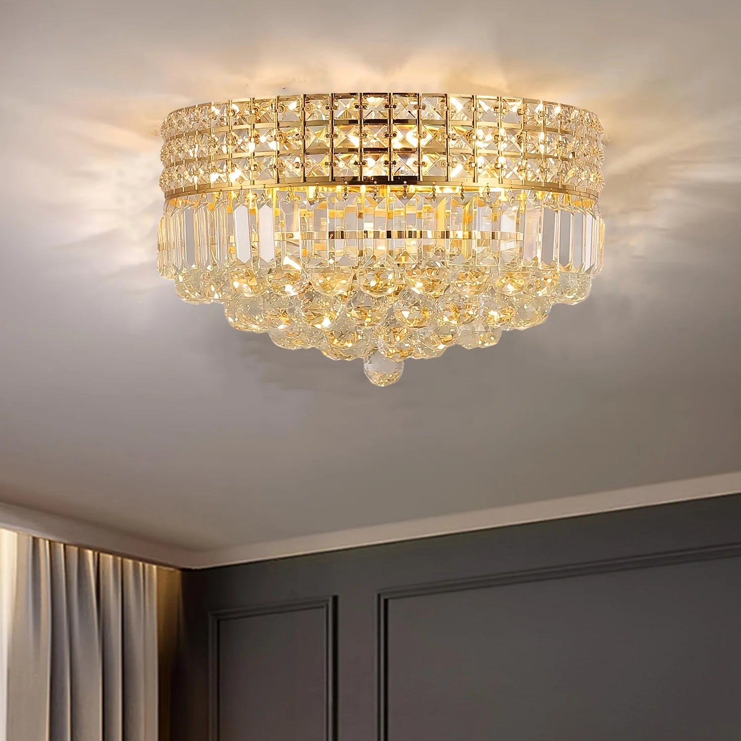 Gold Hallway Crystal Ceiling Light, Round Flush Mount Modern Crystal Ceiling Light for wardrobe/bathroom/hall/bedroom