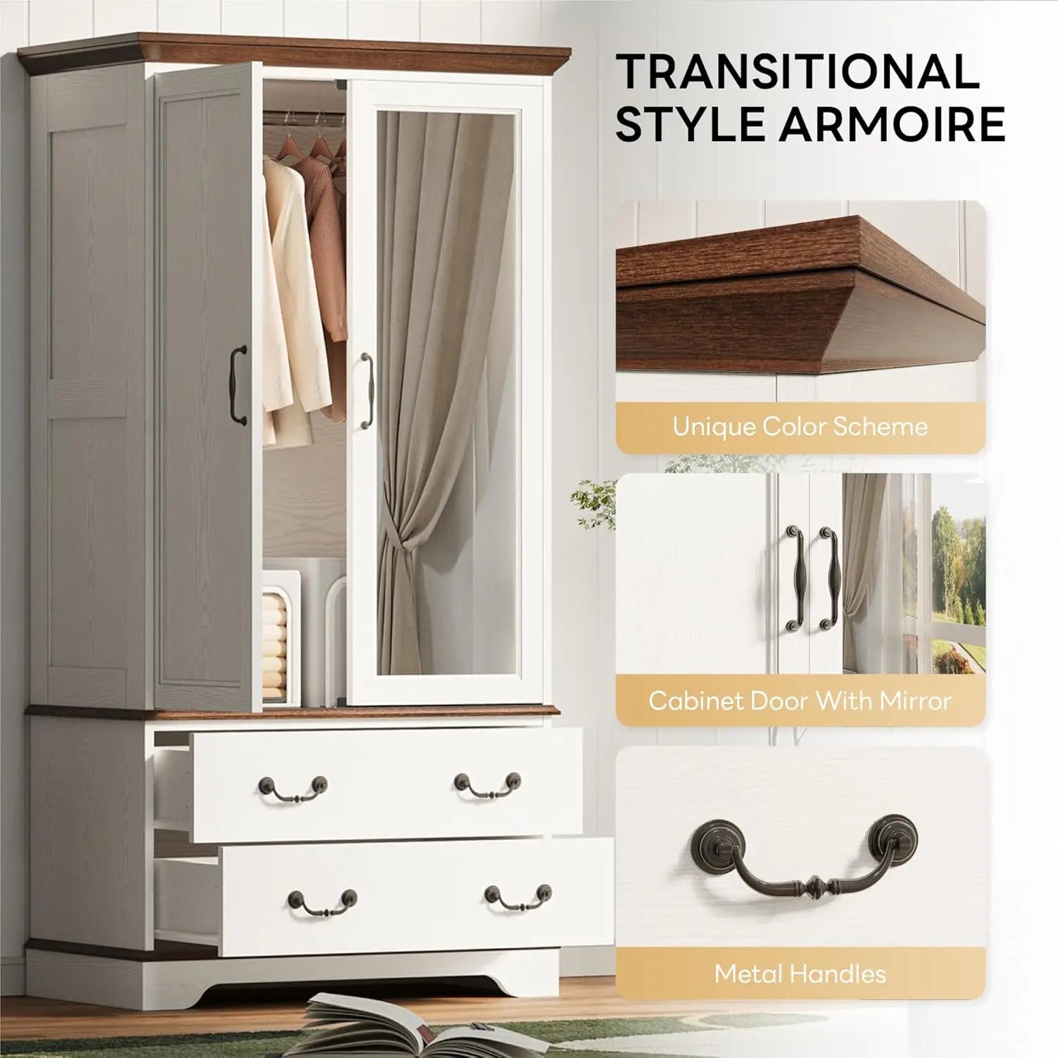 Armoire Wardrobe Closet with Mirror, 70.1" Wooden Clothing Storage Cabinet , Modern Bedroom Freestanding Wardrobe Combination