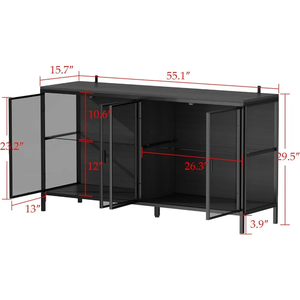 Customized.Storage Cabinet with 3-Color LED Lights, Glass Shelves & 4 Compartments, Sideboard Buffet with Solid Metal Legs,