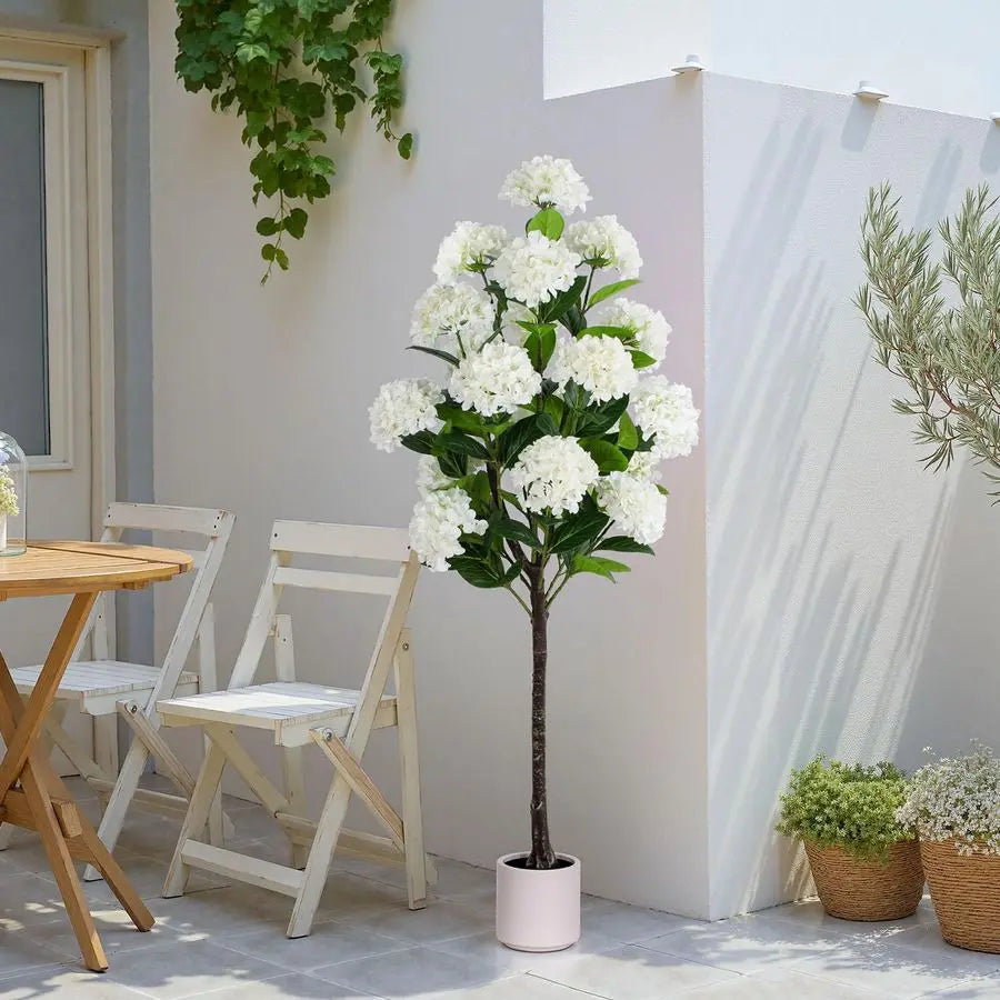 FT Artificial Hydrangea Tree Large Faux Hydrangea Plants Indoor OutdoorFake Flower Trees with White Tall Planter for Home Garden