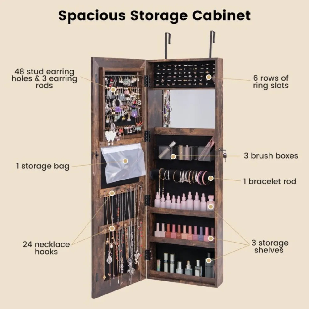 Jewelry Armoire Cabinet Organizer w/Full Length Mirror & 2 Internal LED Lights