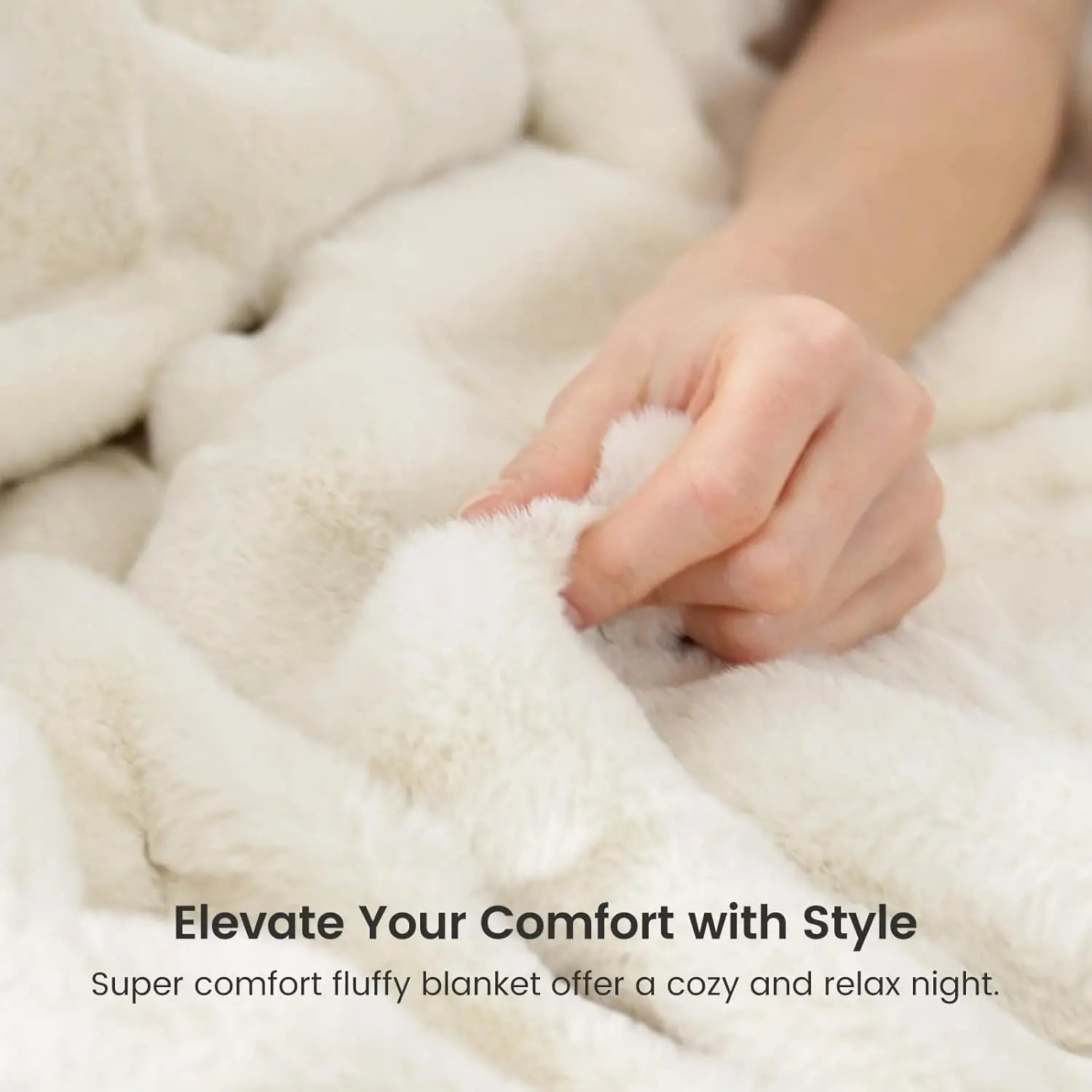 Queen Size Fluffy Faux Fur Blanket, Soft Striped Plush Throw for Bed or Couch, Cream White 90x90 Inches