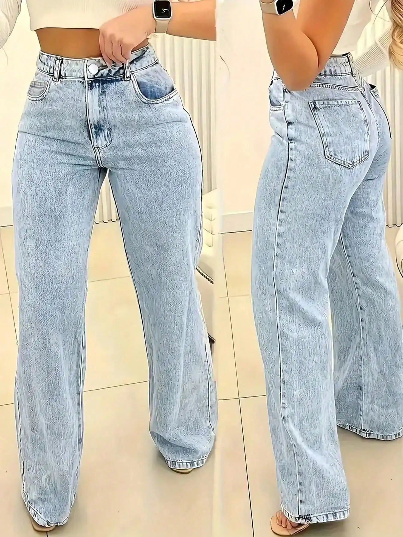 Women's High Waist Wide Leg Jeans, Light Wash Casual Denim Pants with Pockets
