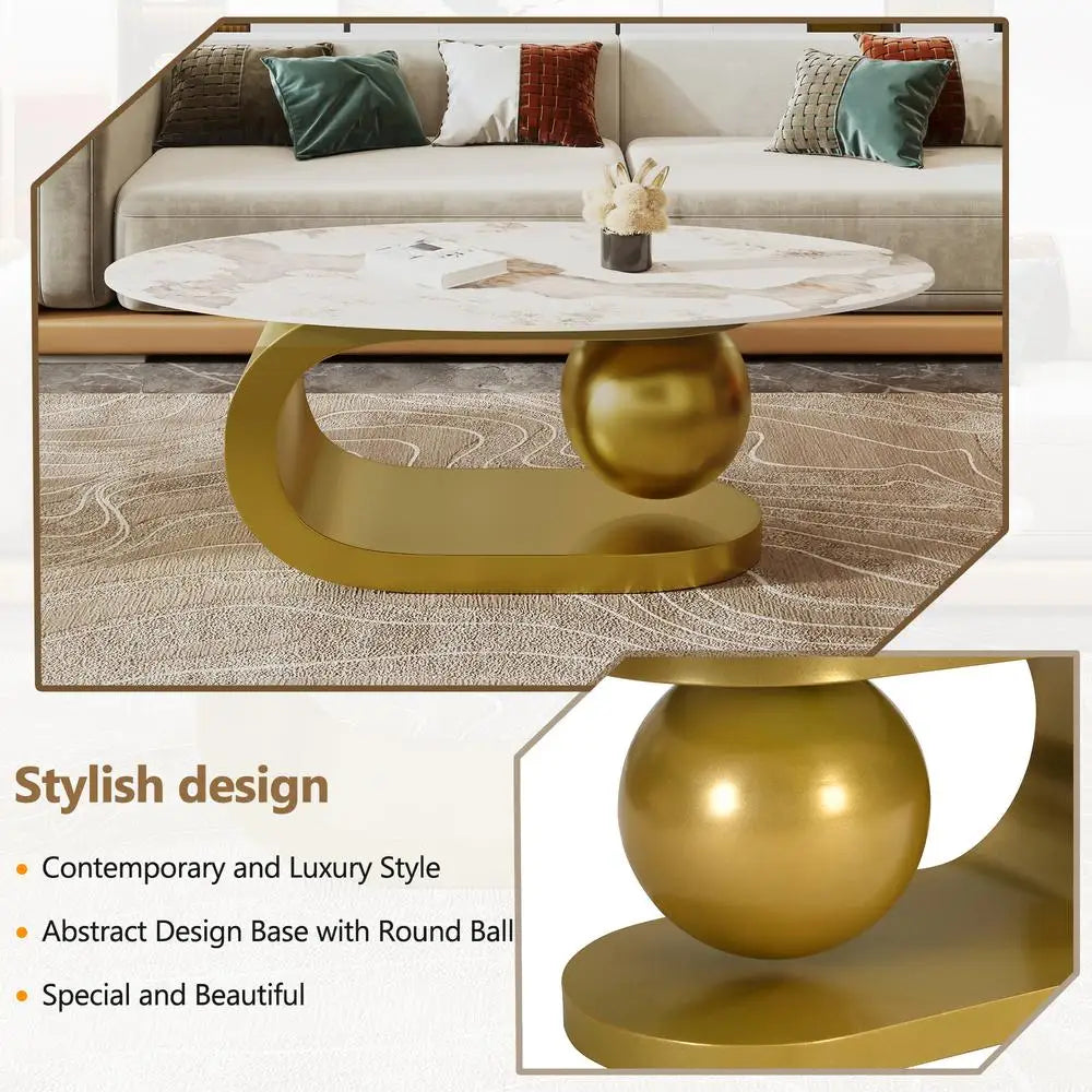 Modern Oval Sintered Stone Coffee Table White Marble Pattern with Gold Stainless Steel Base 47.2 Inch Living Room Furniture