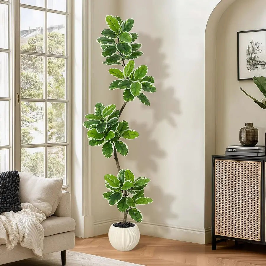 Fiddle Leaf Fig Tree Artificial Indoor, 6 ft Tall Faux Rubber Tree with Sphere Planter, Tall Artificial Plants with Moss for Hom