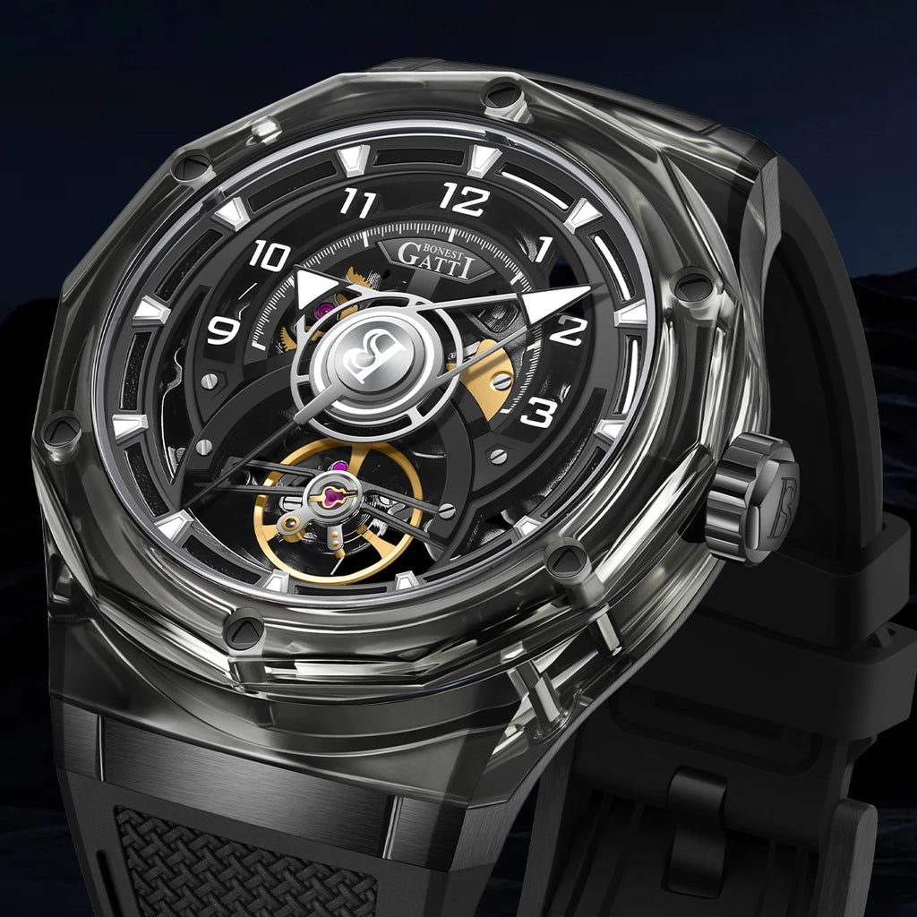 BONEST GATTI men's Watch, fully automatic mechanical watch, skeletonized business sports men's wristwatch with steel strap, Vale