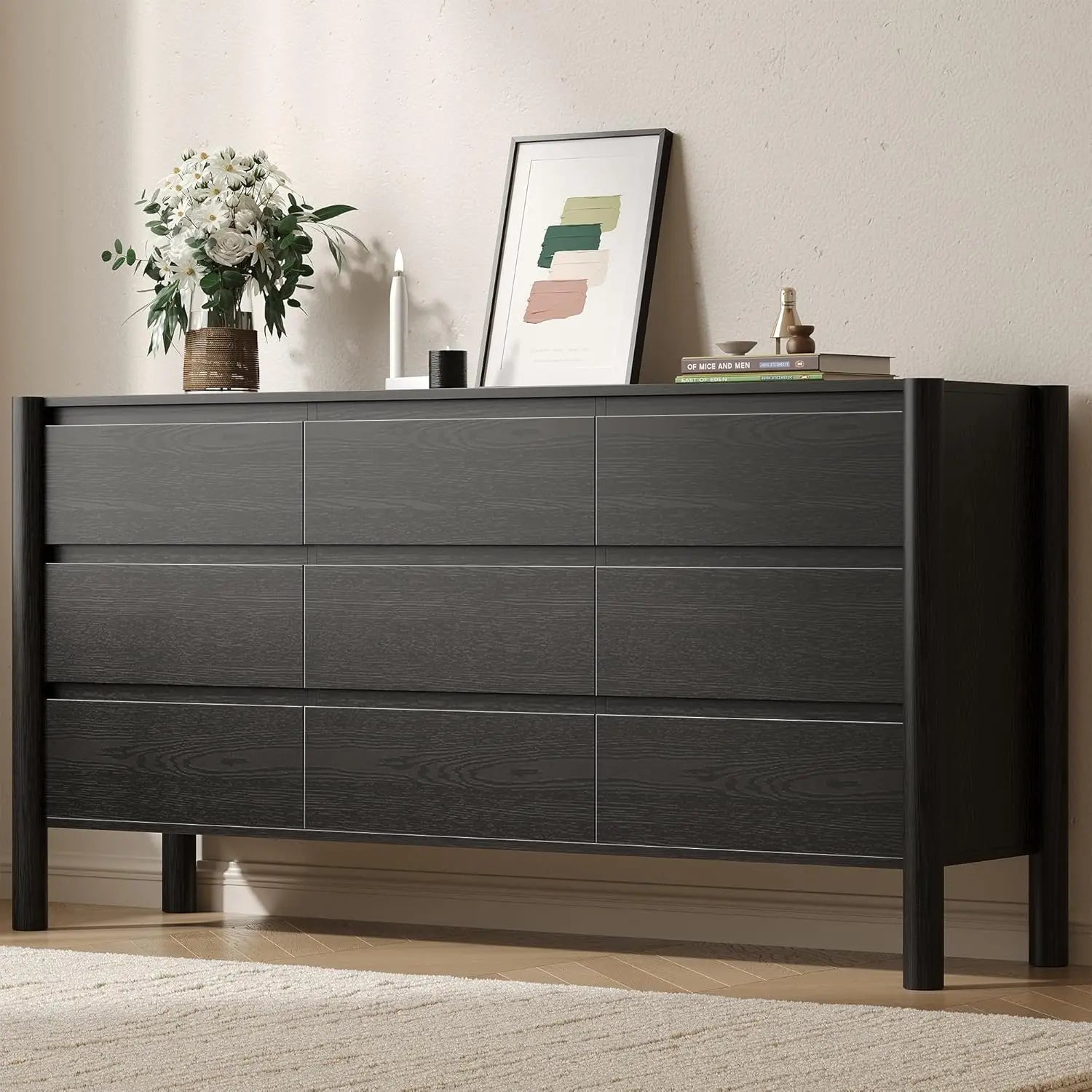 Dresser for Bedroom, 63" Wide Mid Century Modern Chest of Drawers with 9 Large Storage Space and 4 Solid Wood, Customized