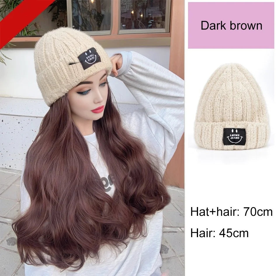 Synthetic 18 inch knitted hat with long curly hair hat wig, wavy wig, winter wig, beige/blue/coffee knitted hat Christmas outfit
