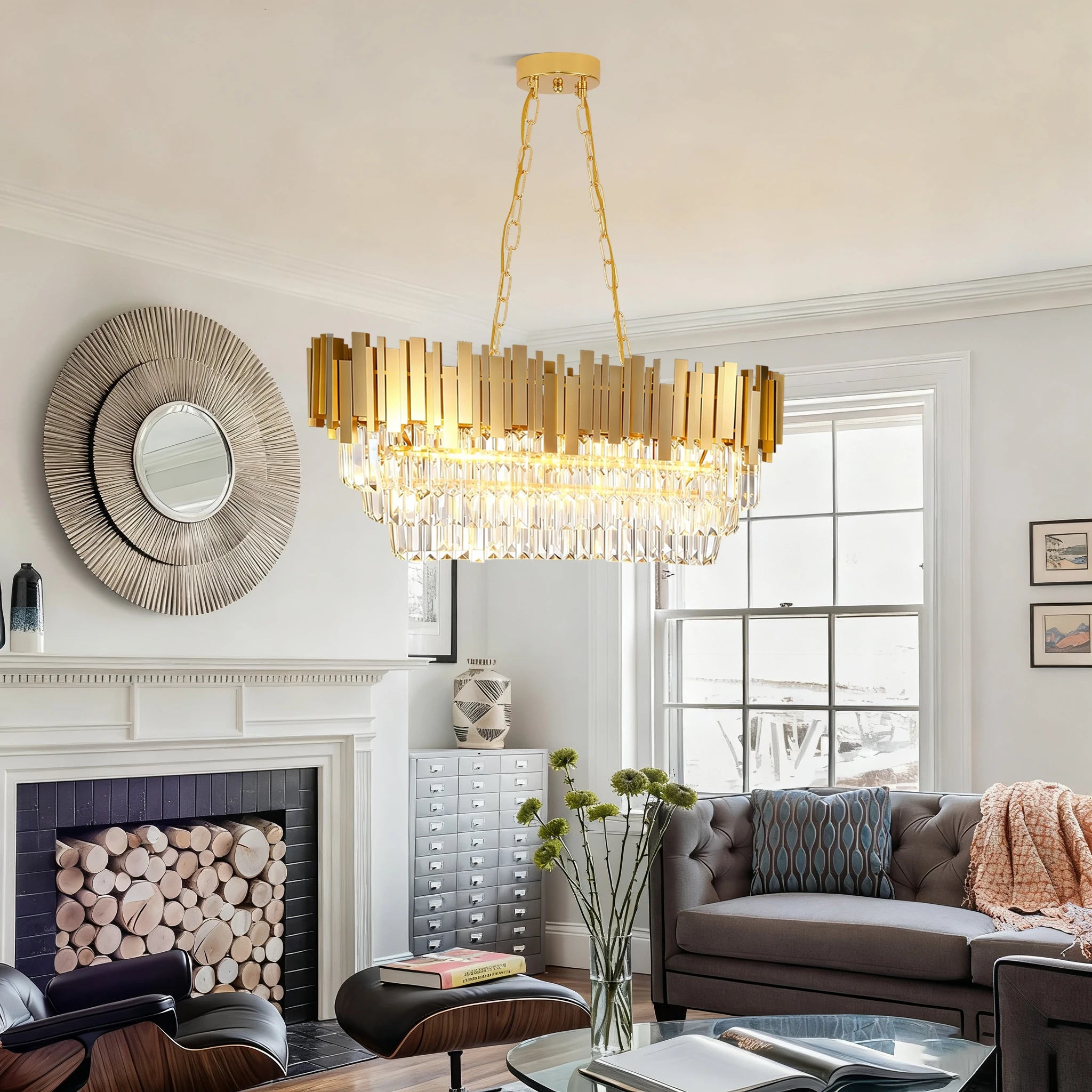 Modern luxury crystal chandelier, gold crystal chandelier, 3-layer raindrop chandelier, lighting fixtures, dining room, table, f