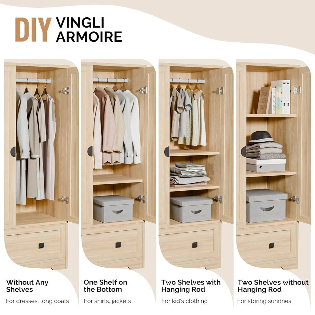 Armoire Wardrobe Closet With Doors, Hanging Rod, Shelves and Drawer - Freestanding Cabinet for Bedroom, Dorm - Oak,, Customized