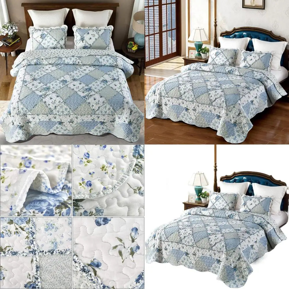Alaska King Size 132x120 cm Blue Floral Quilted Comforter Set with 2 Pillowcases