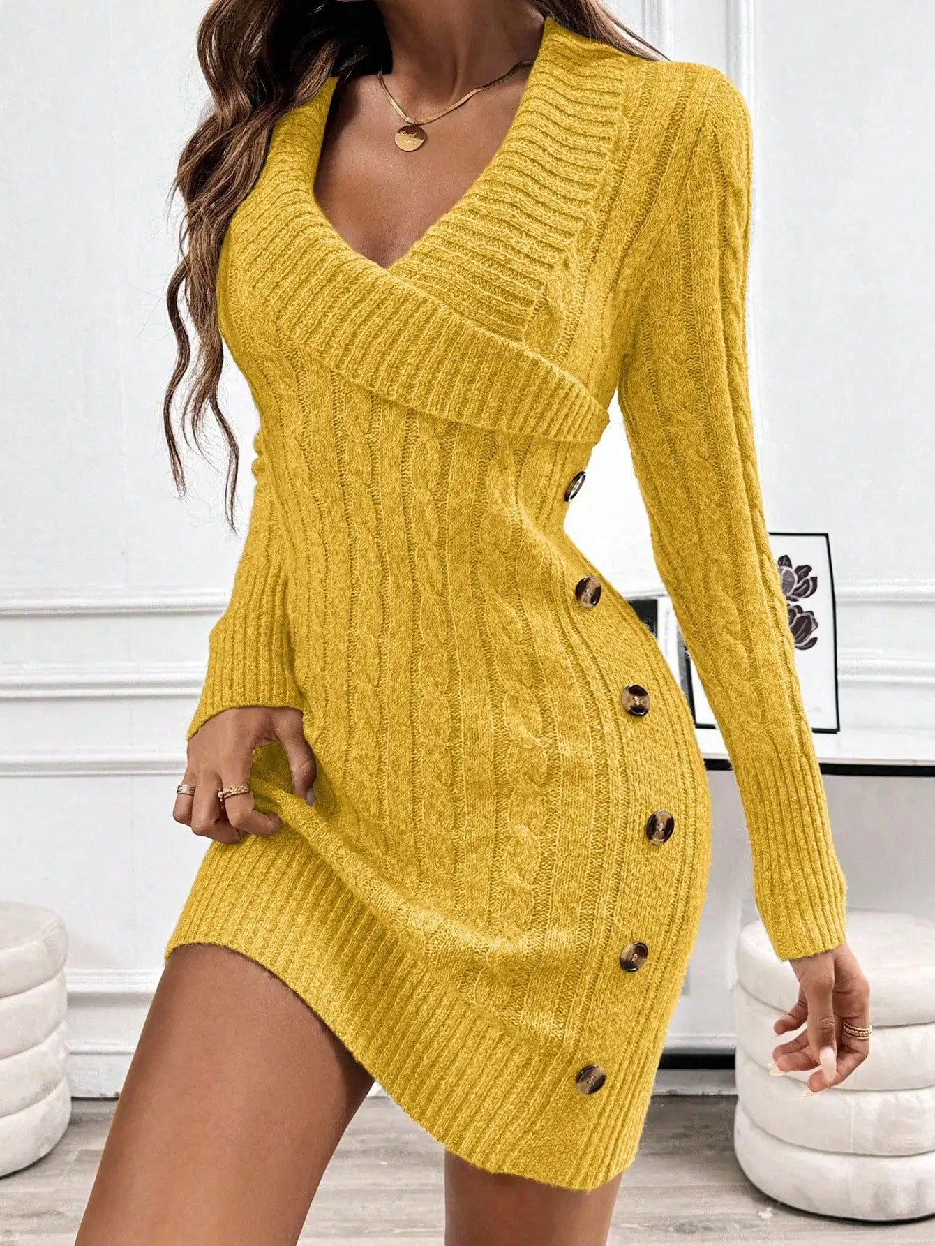 Knitted Long Sleeve Sweater Dress With Collar Design, Comfortable Fall Winter Cloth For Women