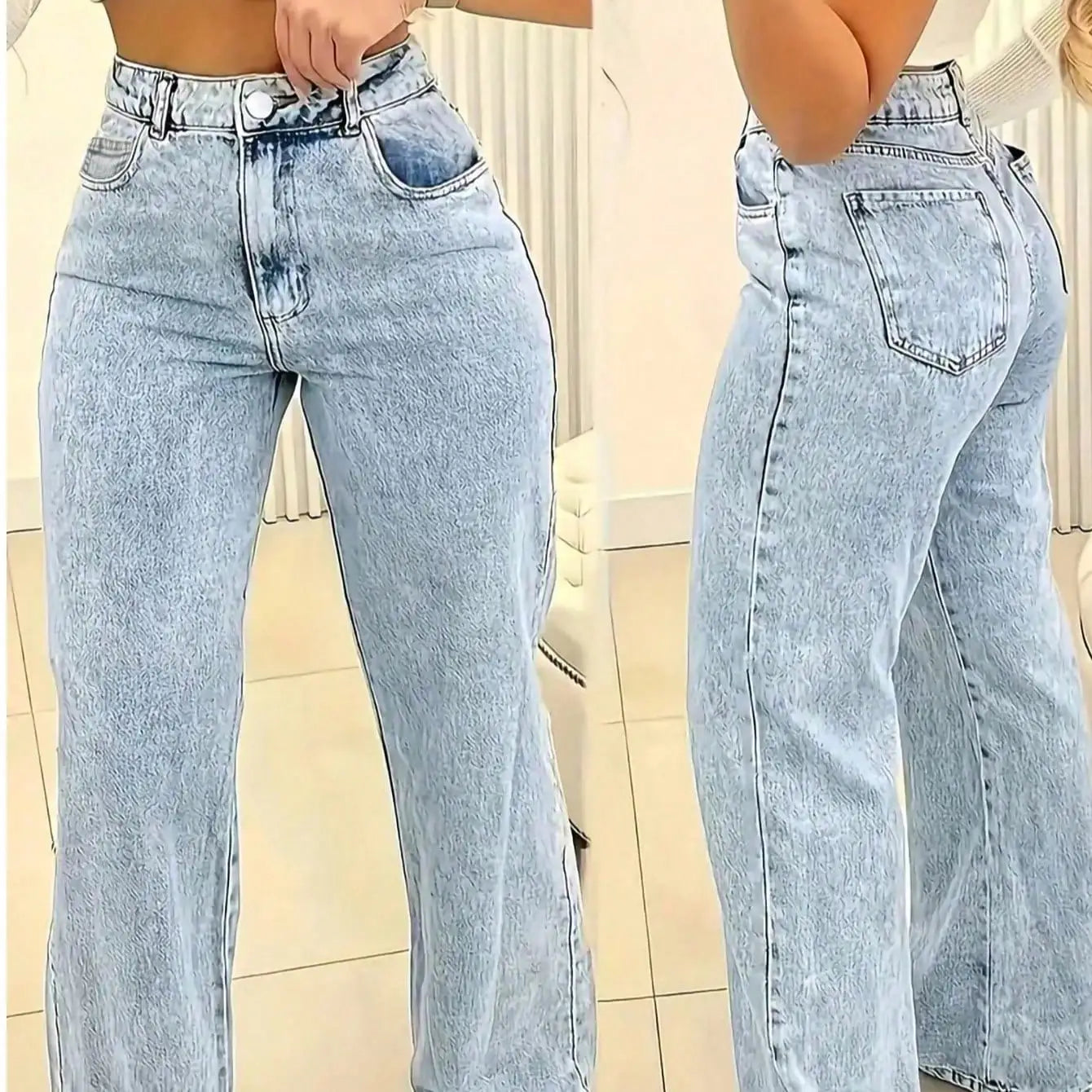 Women's High Waist Wide Leg Jeans, Light Wash Casual Denim Pants with Pockets