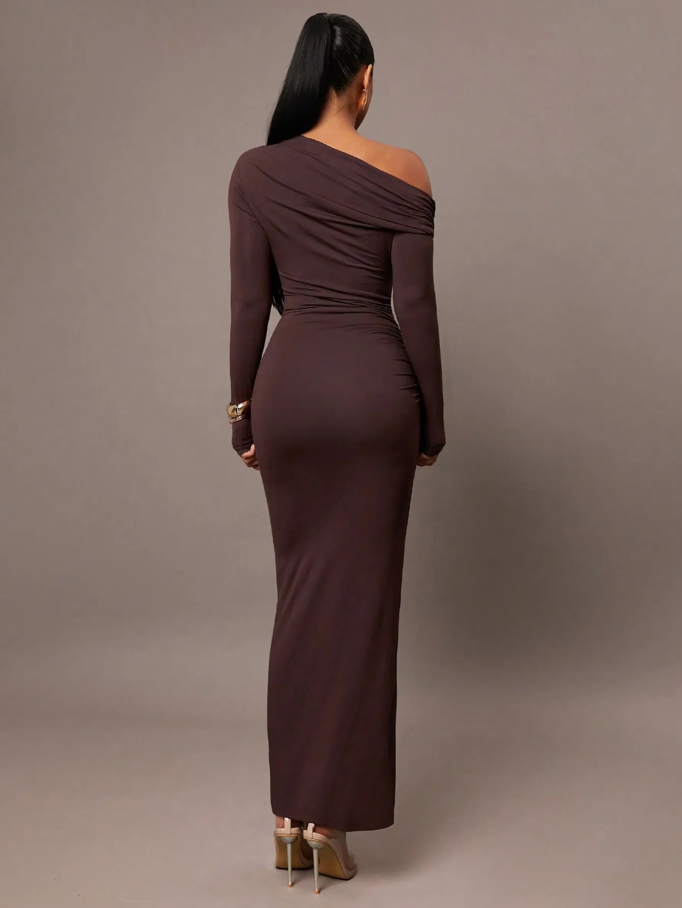 Solid Color Stretch Knitted, Sloping Shoulder Collar, Romantic Date, Autumn And Winter Bottoming Knitted Dress,