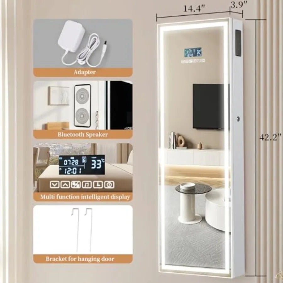 LED Mirror Jewelry Cabinet with Bluetooth Speaker Wall/Door Mounted Jewelry Organizer Armoire Full Length Lighted Mirror with J