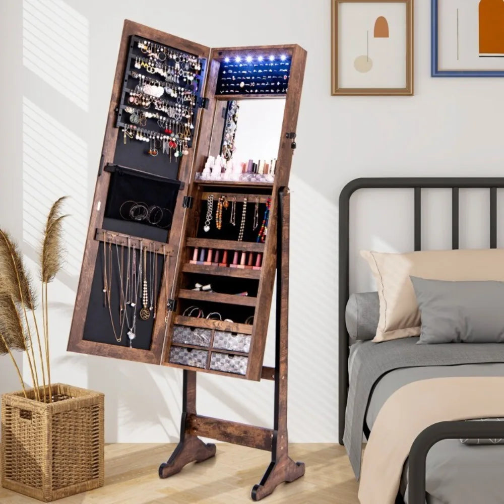 Jewelry Storage Cabinet Armoire FreeStanding Full Length w/ LED Lighted Mirror
