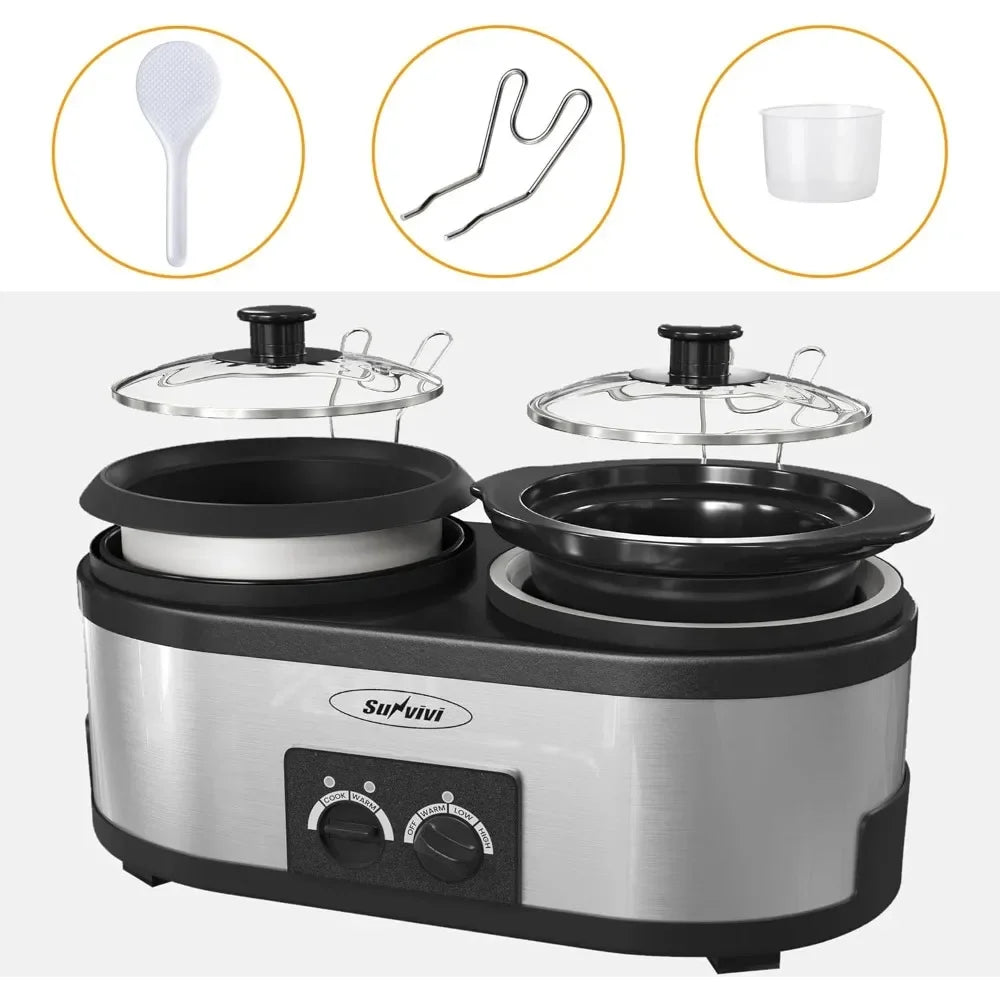 2 in 1 Slow Cooker and Rice Cooker, Multi Slow Cooker with 1.5 QT Ceramic Pot & 3 Cup Rice Cooker,Aluminum Pot &Indicator Lights