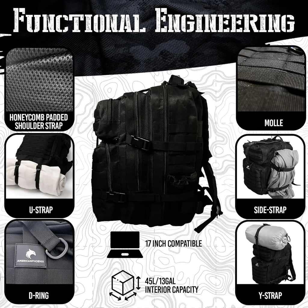 45L Elite Tactical Backpack, Water Resistant, Heavy Duty, 3 Day MOLLE Bug Out Bag - Carbon Black