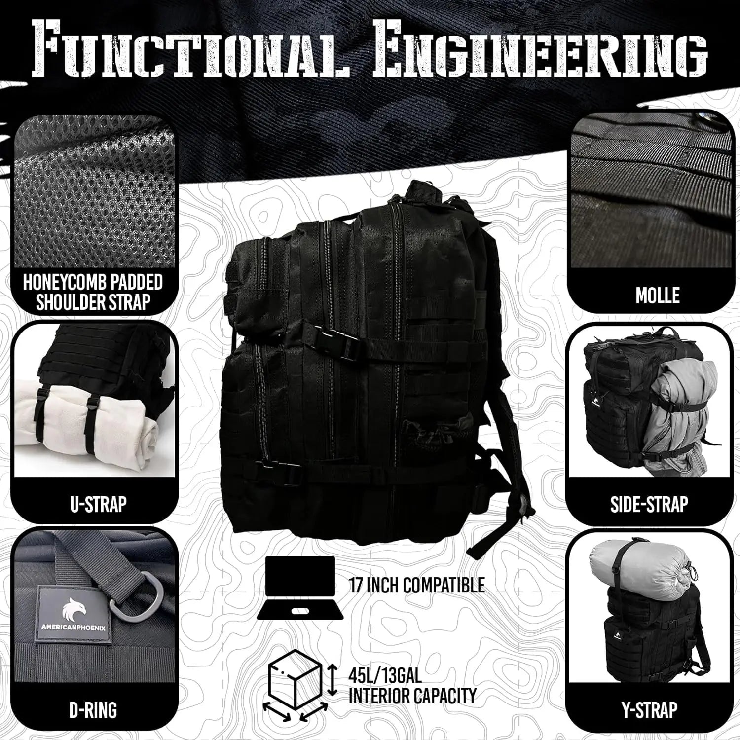 45L Elite Tactical Backpack, Water Resistant, Heavy Duty, 3 Day MOLLE Bug Out Bag - Carbon Black