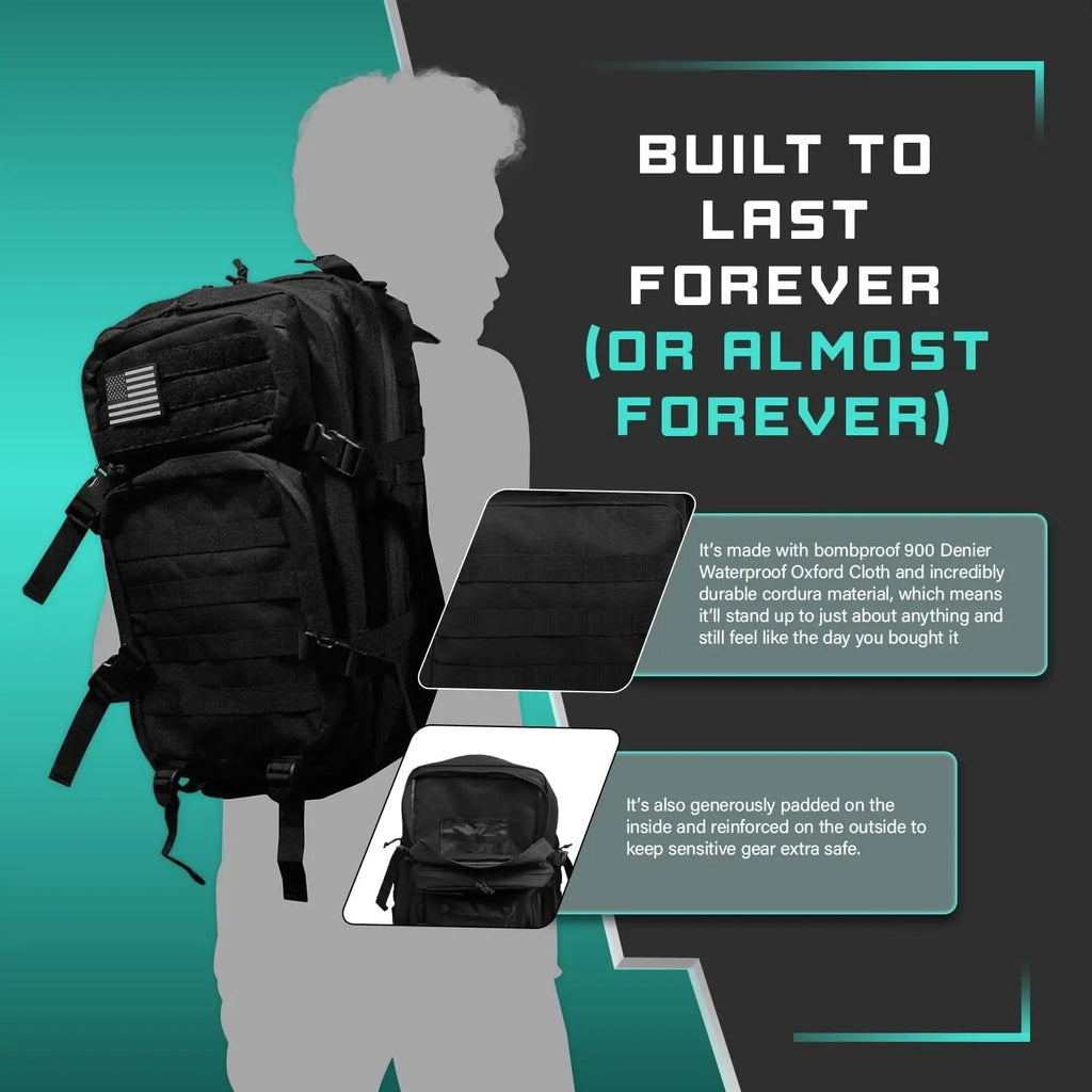 40L Tactical Backpack for Men | Molle Military Daypack with 7 Compartments | Outdoor Hiking, Camping, Travel – Black