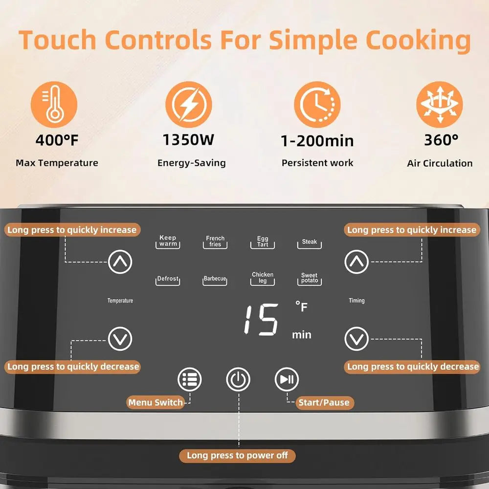 Stainless Steel 8Qt Large Digital Air Fryer with Window, Nonstick Made without PFAS, Touchscreen Display, 400F, NonStick Basket,