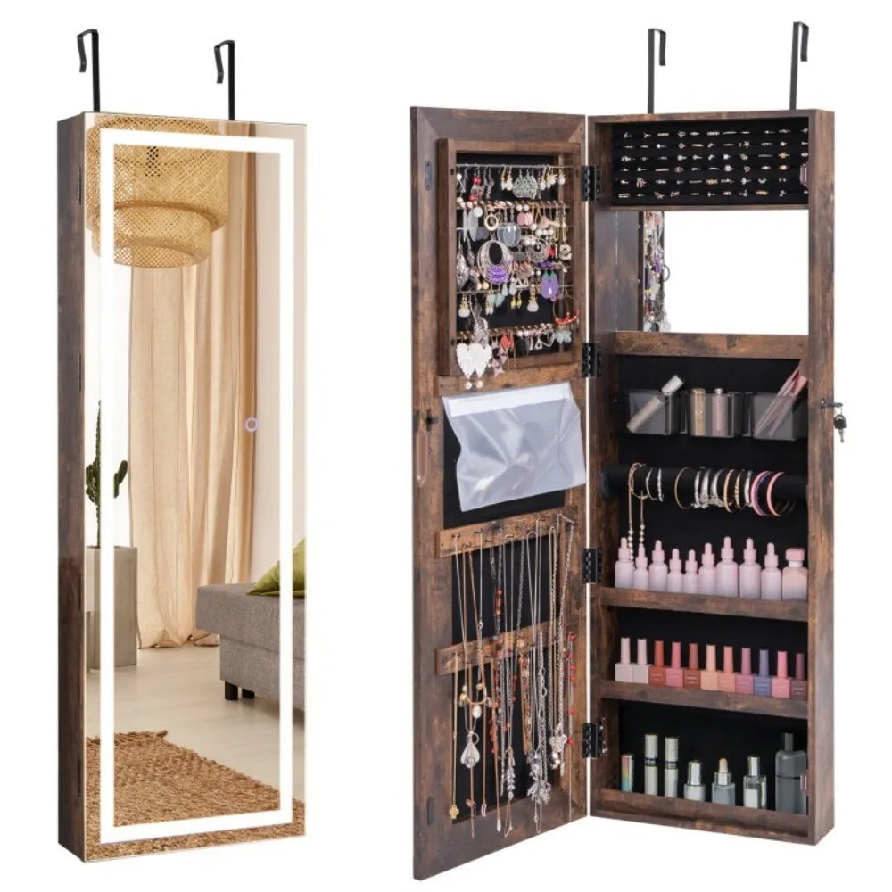Jewelry Armoire Cabinet Organizer w/Full Length Mirror & 2 Internal LED Lights