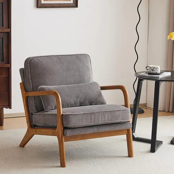 Mid-Century Modern Accent Chair, Living Room Chairs with Pillow Corduroy Upholstered Lounge Armchair with Solid Wood Frame