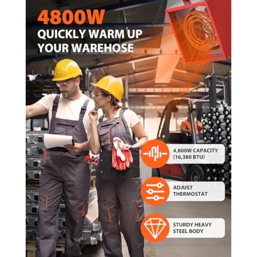 240V Fan-Forced Industrial Heater 4800W Workshop Utility Space Heater with Thermostat Control Overheat Protection Carry Handle