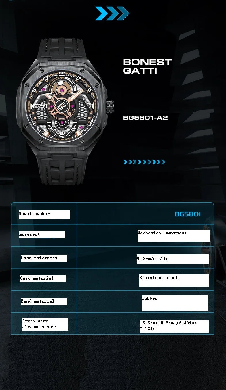 BONEST GATTI men's watch as a gift for your boyfriend: a fully automatic skeleton watch and a luminous watch